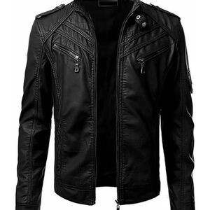 Black Faux Leather Jacket L Standup Collar